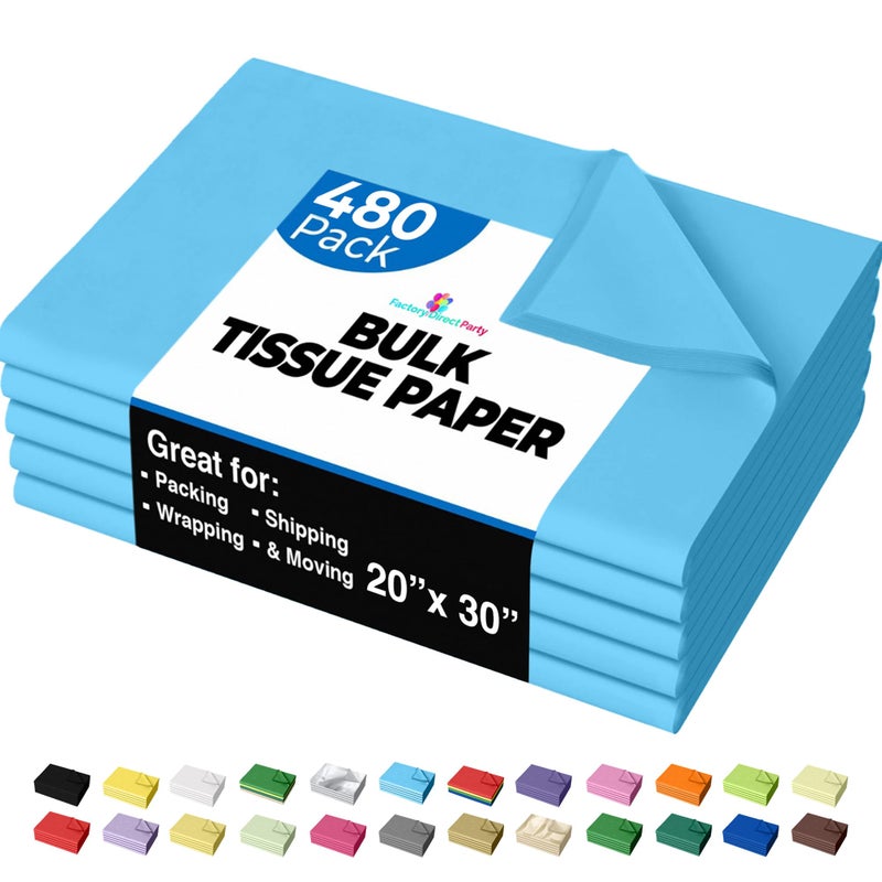 Party Solids Light Blue Tissue Paper for Gift Bags - 20" X 30" Bulk Tissue Paper Light Blue 480 Sheets - 10lb Newsprint for Packing, Birthday Gift Box Filler, Packing Supplies for Moving Supplies - Image 1